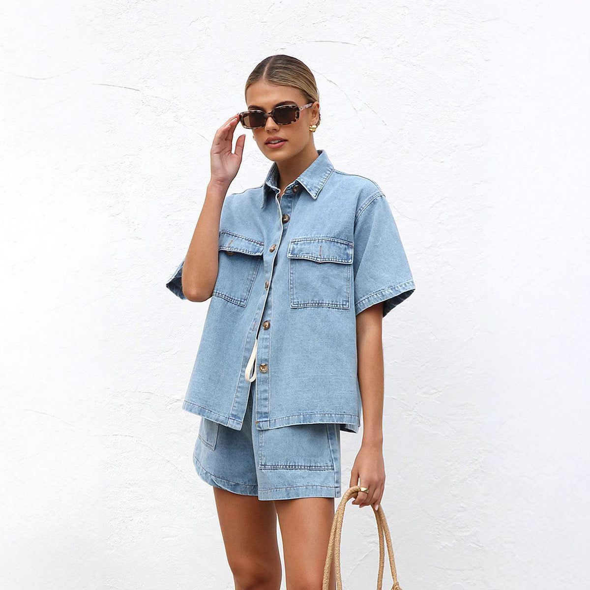 Damen Denim-Crop-Top und Shorts-Set mit praktischen Taschen und lässigem Schnitt WW