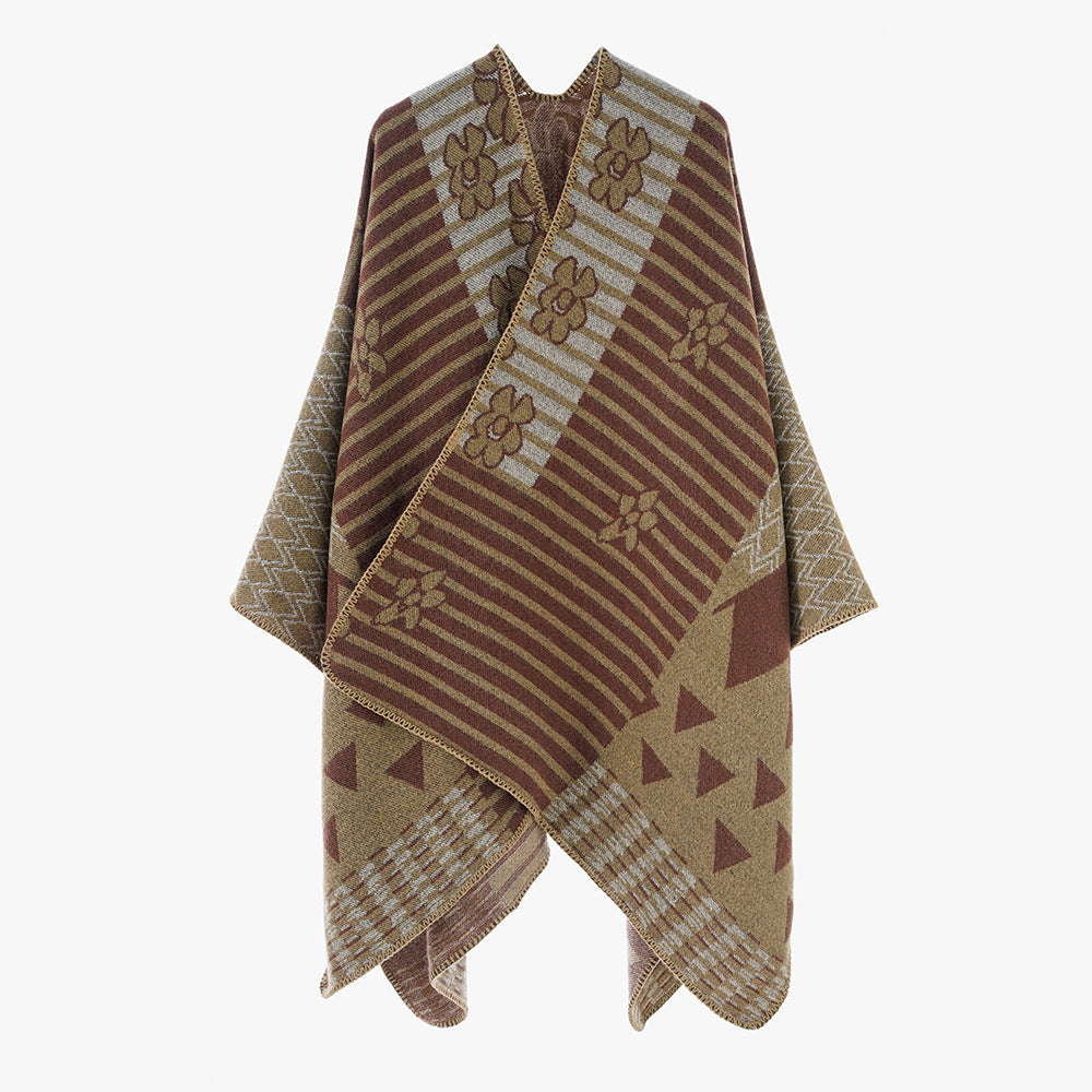 Damen Eleganter Poncho mit grafischem Muster und weichen Fransen WW