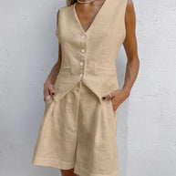 Damen luftiges Leinen-Set mit ärmellosem Blazer und Shorts WW