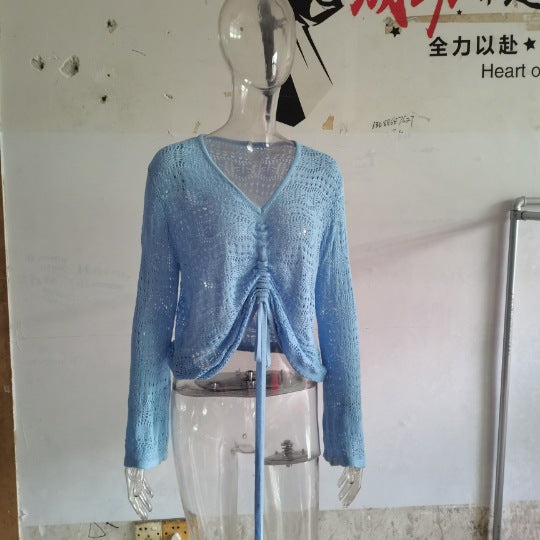 Damen angesagter V-Ausschnitt Pullover mit Raffung WW