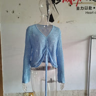 Damen angesagter V-Ausschnitt Pullover mit Raffung WW