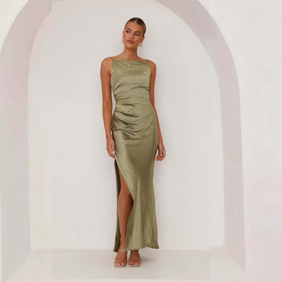 Damen Maxikleid mit elegantem Satin-Finish und hoch geschnittenem Schlitz WW
