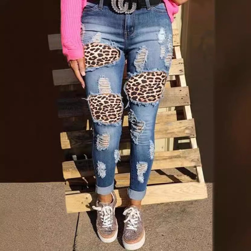 Damen skinny Jeans mit Leoparden-Patch und Vintage-Effekten WW