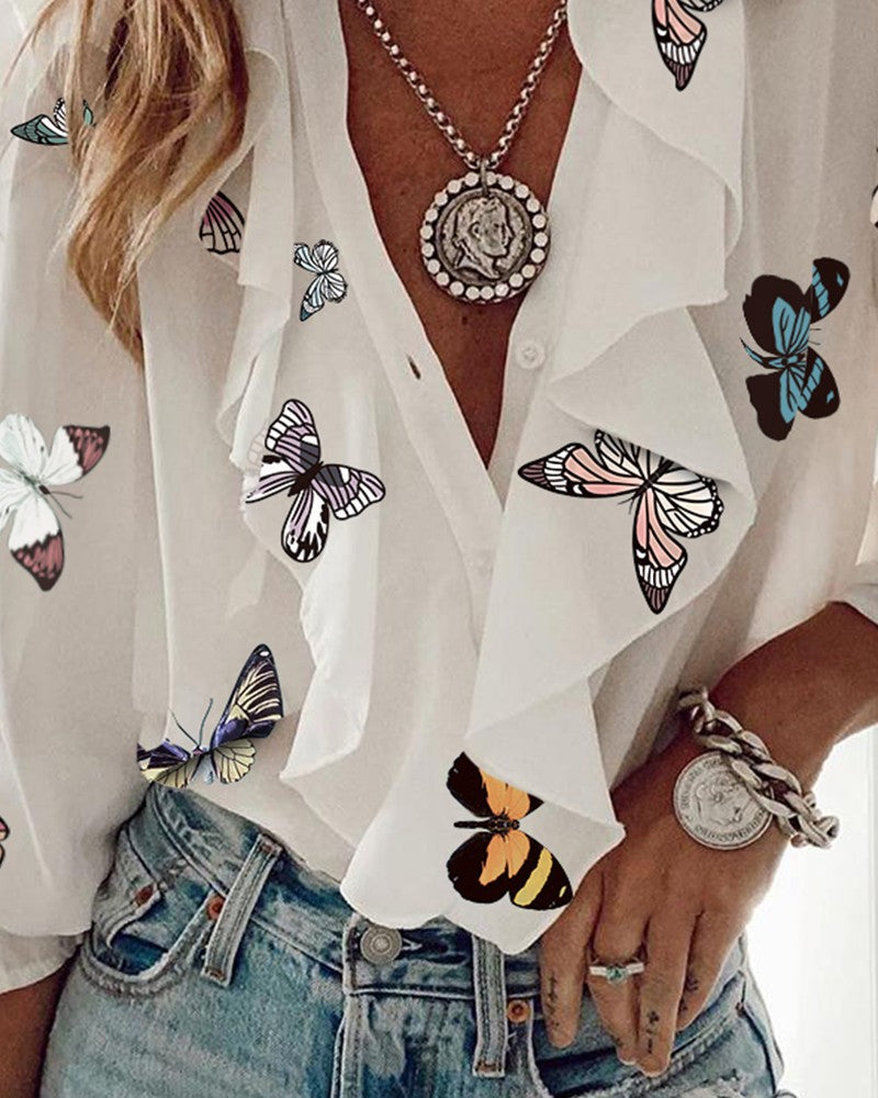 WW | Chiffon V-Ausschnitt Langarmshirt