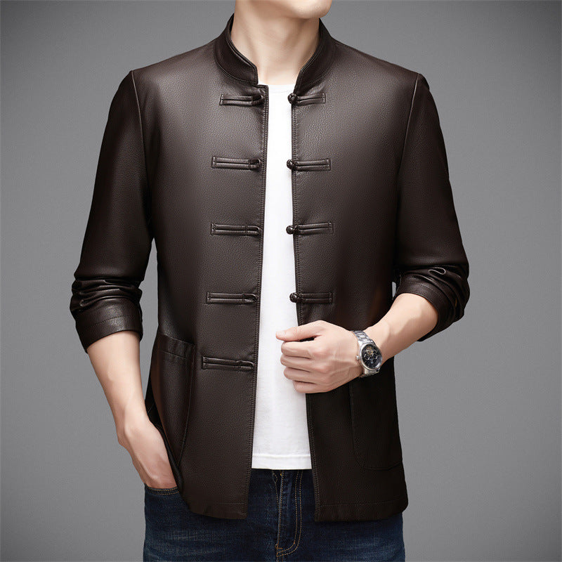 Herren Lederjacke mit asiatischem Stehkragen und praktischen Taschen WW