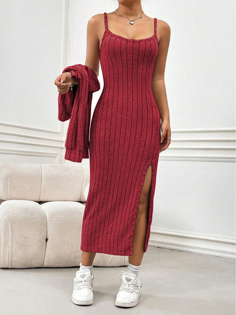 WW | Cardigan Mantel Träger Midi-Spaltungs-Kleid Set