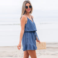 Damen Denim Jumpsuit mit Volant und verstellbarem Taillenzug WW