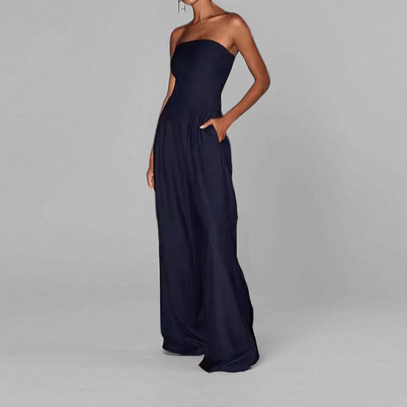 Damen Hochwertiger Jumpsuit mit schulterfreiem Design und weitem Bein W&W Mode