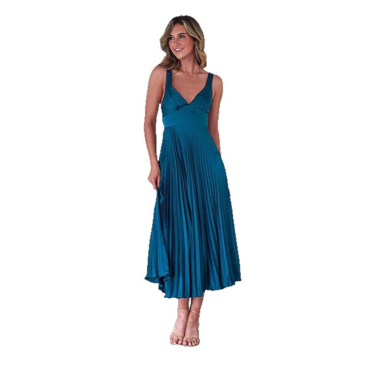Damen Plissiertes Maxikleid mit V-Ausschnitt und schwingendem Rock W&W Mode