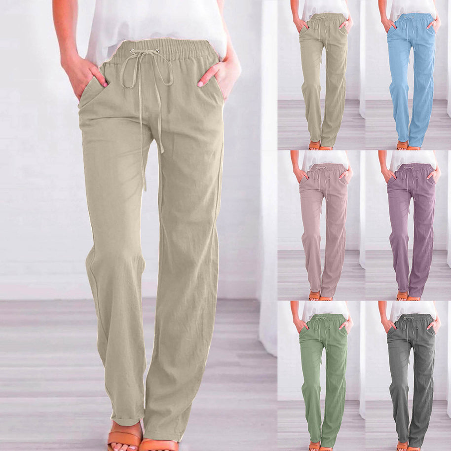 Damen Bequeme Leinen-Hose mit elastischem Bund und Taschen WW