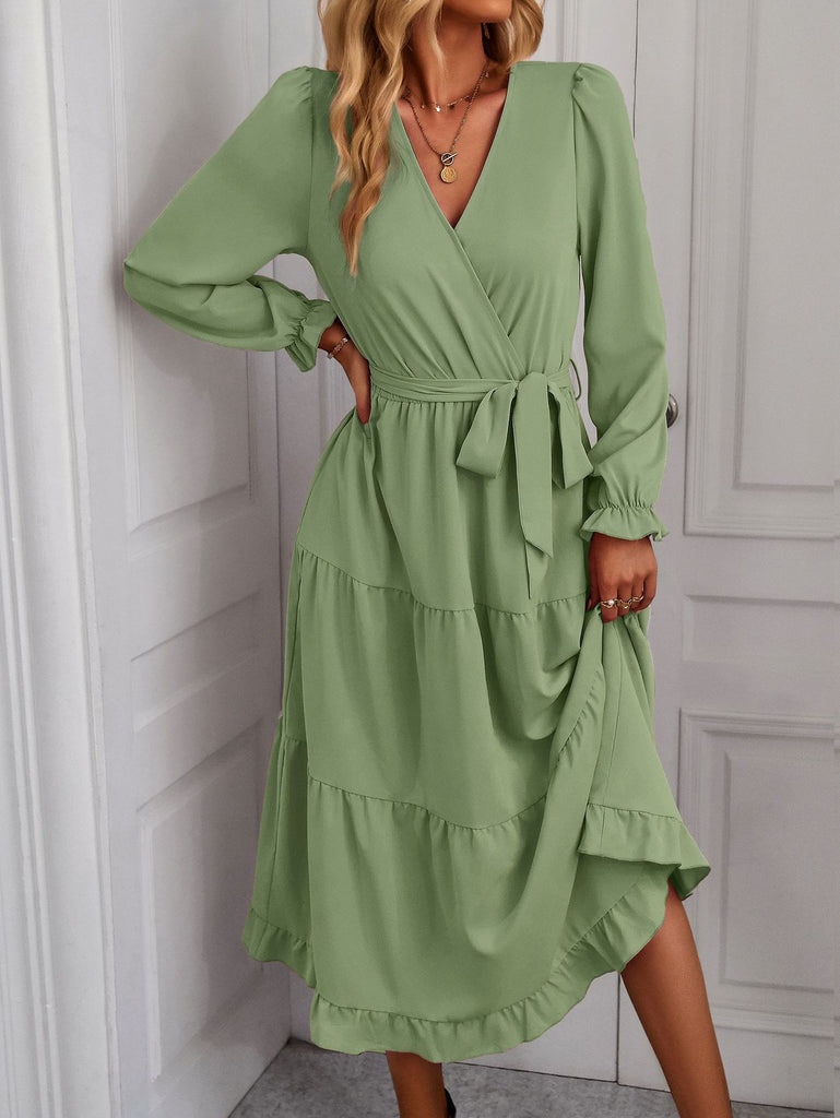 Damen Wickelkleid mit Rüschen und Taillengürtel WW