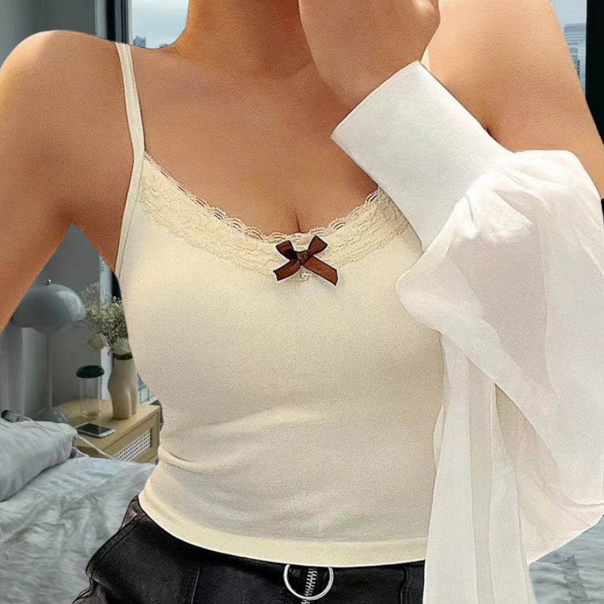 Damen Spaghetti-Trägershirt mit Spitzenbesatz und Schleifendetail WW