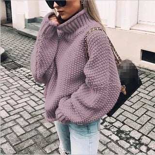 Damen Grobstrick Pullover mit Stehkragen und voluminösen Ärmeln WW