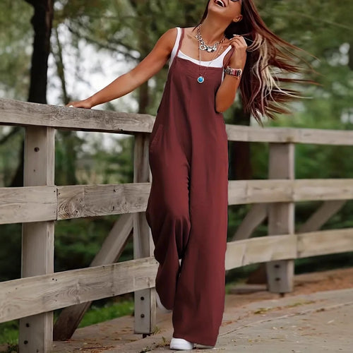Damen luftiger Jumpsuit mit praktischen Taschen und verstellbaren Trägern WW