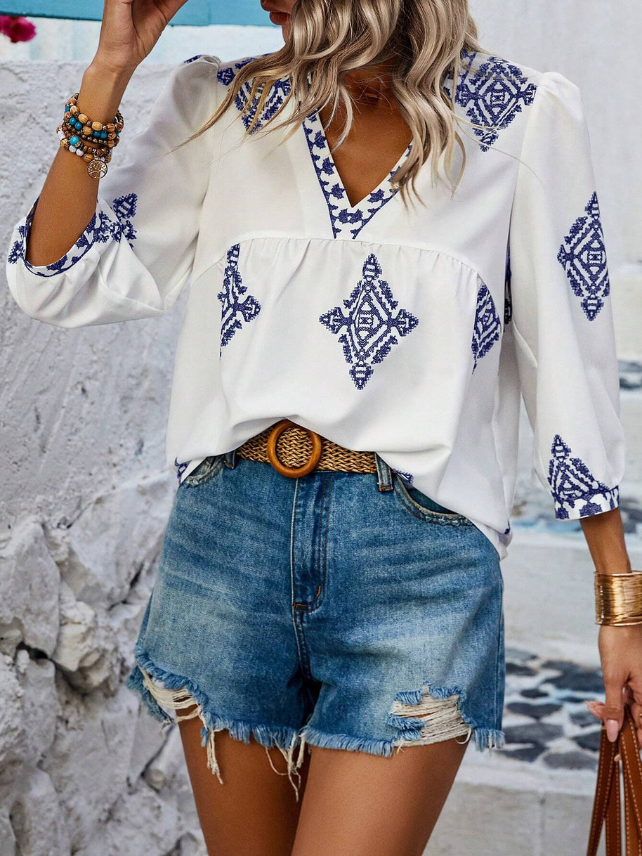 WW | Boho Chic V-ausschnitt Bestickte Bluse Für Frauen