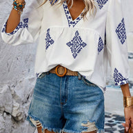 WW | Boho Chic V-ausschnitt Bestickte Bluse Für Frauen