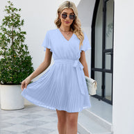 WW Damen V-Ausschnitt Plissee Rock Schnürung Chiffon Kurzarm Kleid