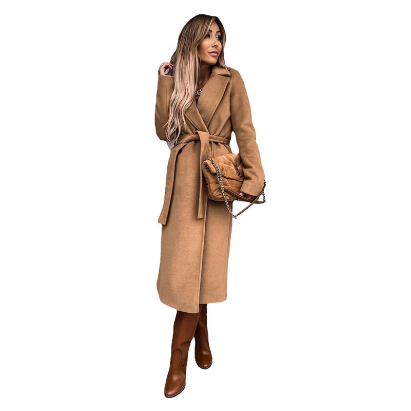 Damen eleganter Wolle-Mantel mit tailliertem Schnitt und Gürtel WW