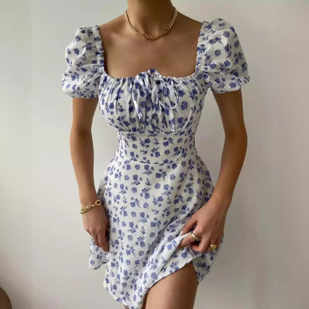 Damen Blütenmuster Mini-Kleid mit Puffärmeln WW