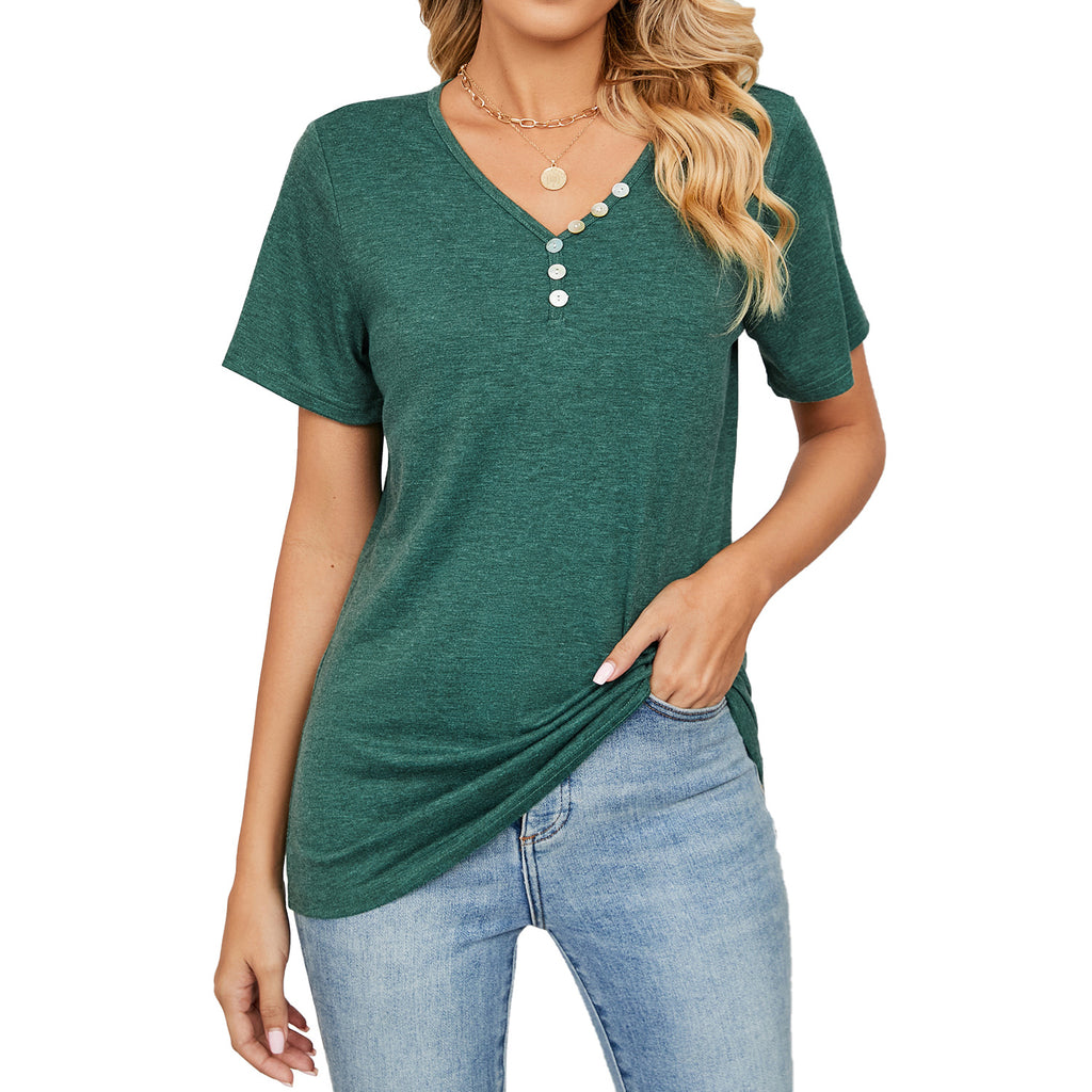 Damen V-Ausschnitt T-Shirt mit dekorativen Knopfdetails und lockerem Schnitt WW