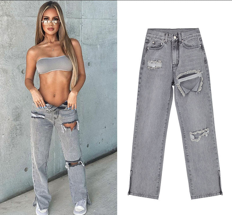 Damen lässige Ripped Jeans mit hoher Taille und modernen Fransen WW