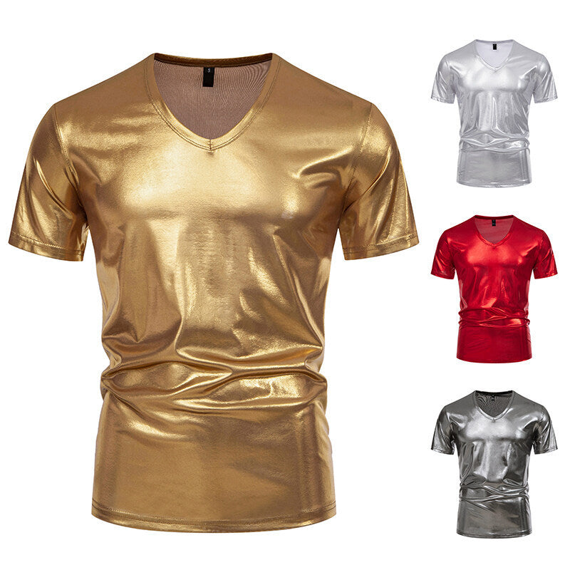 Herren Glänzendes Metallisches V-Ausschnitt T-Shirt WW