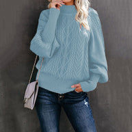 Damen Grober Strickpullover mit hohem Kragen und Ballonärmeln WW