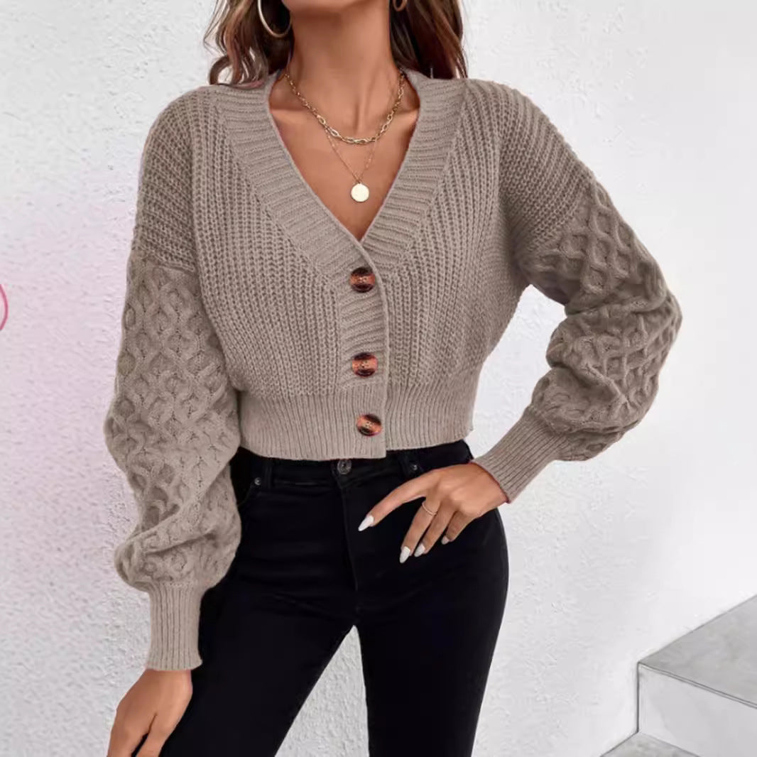 Damen Strickjacke mit tiefem V-Ausschnitt und Puffärmeln WW