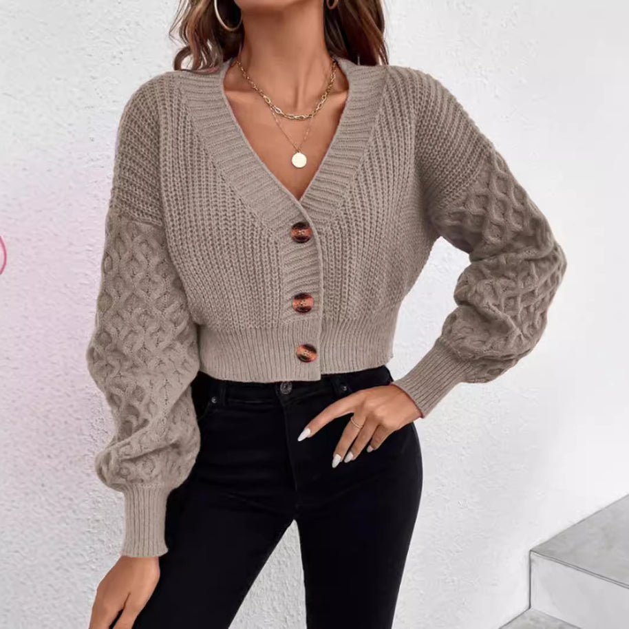 Damen Strickjacke mit tiefem V-Ausschnitt und Puffärmeln WW