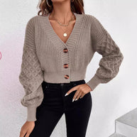 Damen Strickjacke mit tiefem V-Ausschnitt und Puffärmeln WW