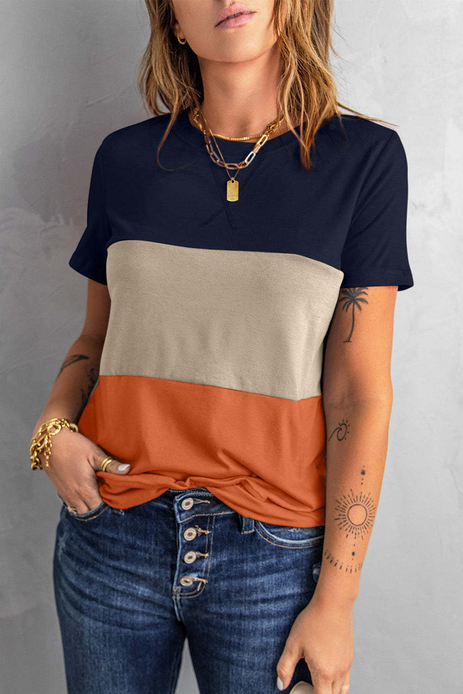 Damen lässiges T-Shirt mit farbigem Blockdesign und Rundhalsausschnitt WW