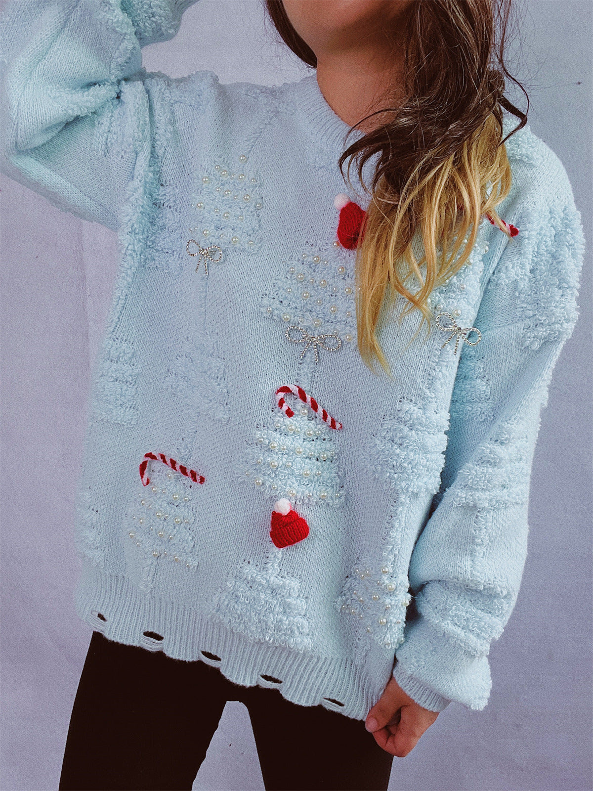 Damen festlicher Pullover mit kreativen Weihnachtsmotiven und strukturiertem Design WW