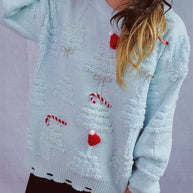 Damen festlicher Pullover mit kreativen Weihnachtsmotiven und strukturiertem Design WW