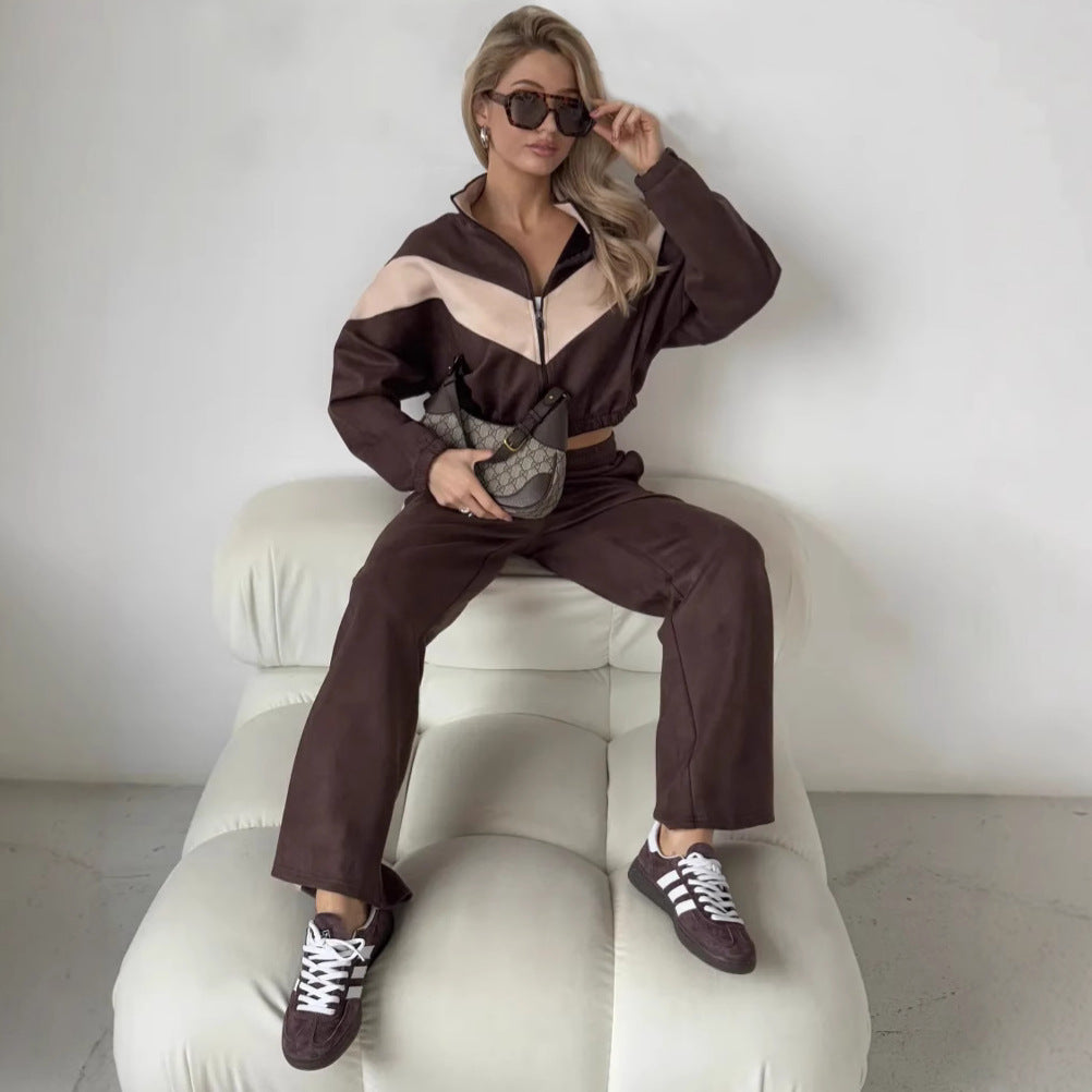 Damen sportlicher Fleece-Loungewear-Anzug mit Reißverschluss WW