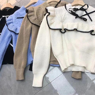 Damen Strickpullover mit Rüschenkragen und dekorativen Schleifen WW