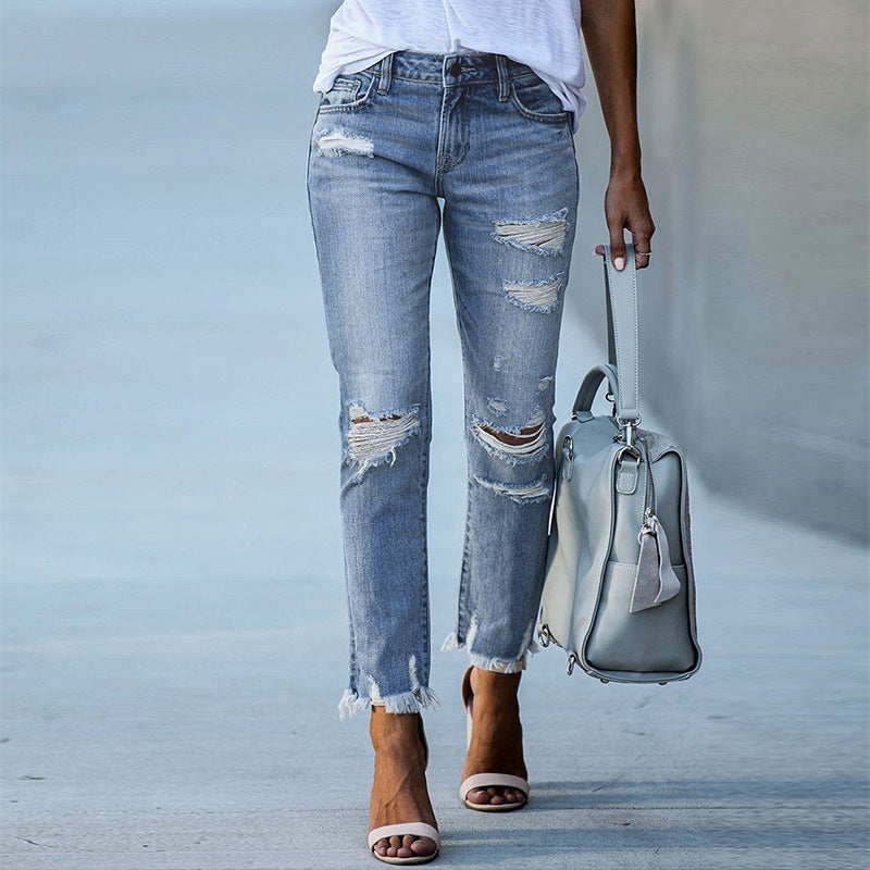 Damen Ripped High-Waist Jeans mit fransigem Saum und modischen Destroyed-Details WW