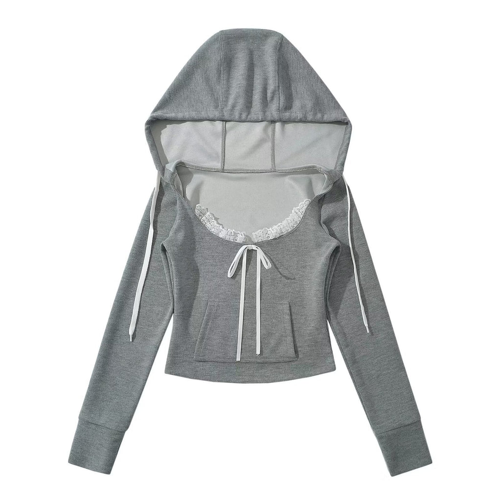 Damen Cropped Hoodie mit Spitzenbesatz und verstellbaren Kordeln WW