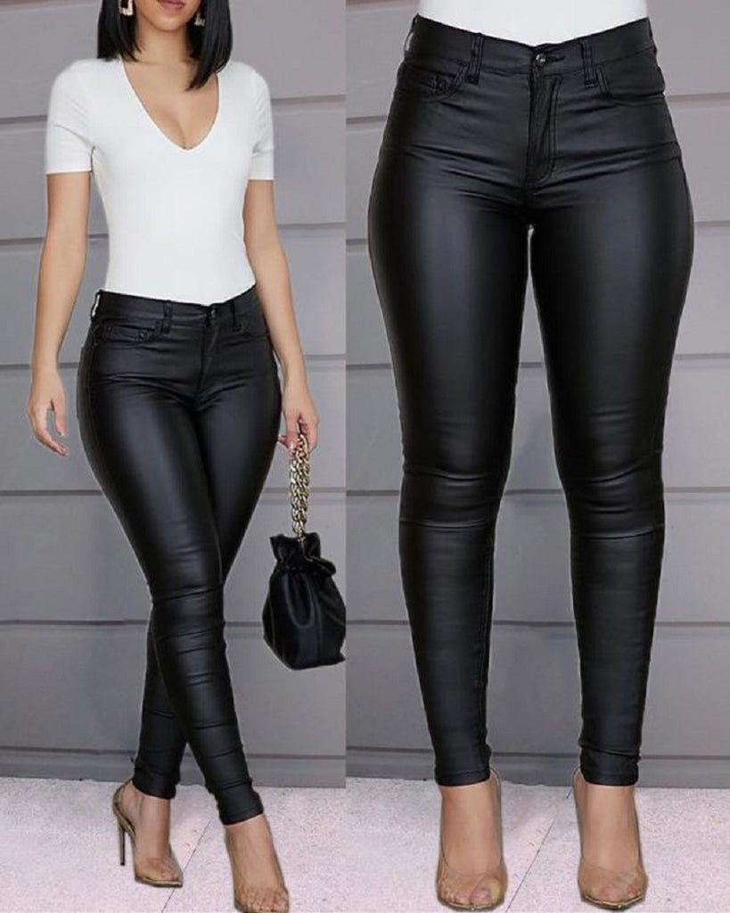 Damen Skinny Jeans aus Kunstleder mit hohem Bund und figurbetonendem Schnitt WW