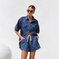 Damen Denim-Crop-Top und Shorts-Set mit praktischen Taschen und lässigem Schnitt WW
