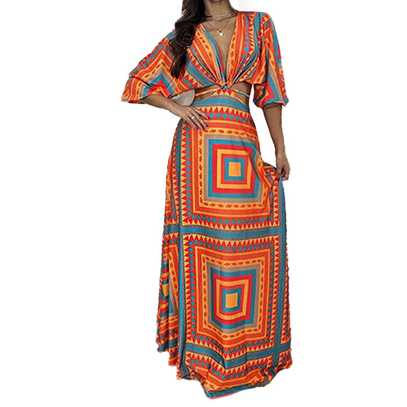 Damen Maxi-Kleid mit tiefem V-Ausschnitt und Wellenmuster W&W Mode
