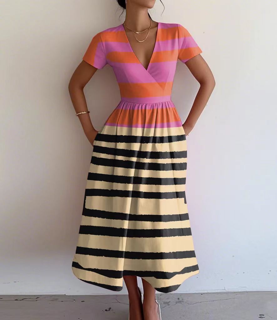 Damen Maxikleid mit tiefem V-Ausschnitt und modischem Streifenmuster WW