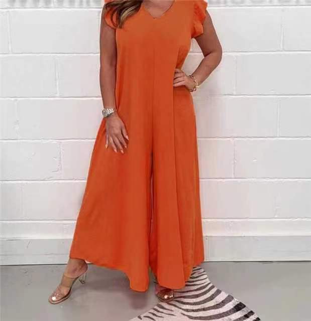 Damen gehobener Jumpsuit mit voluminösen Rüschenärmeln und V-Ausschnitt WW