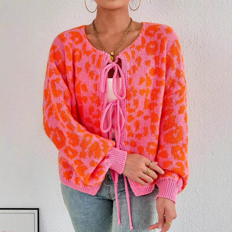 Damen Strickjacke mit einzigartigem Leopardenmuster und verstellbarem Kordelzug WW