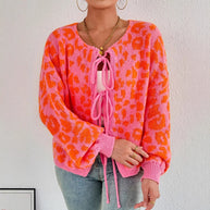 Damen Strickjacke mit einzigartigem Leopardenmuster und verstellbarem Kordelzug WW