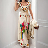 Damen Ethno-inspiriertes Maxikleid mit buntem Stickdesign und Volant WW