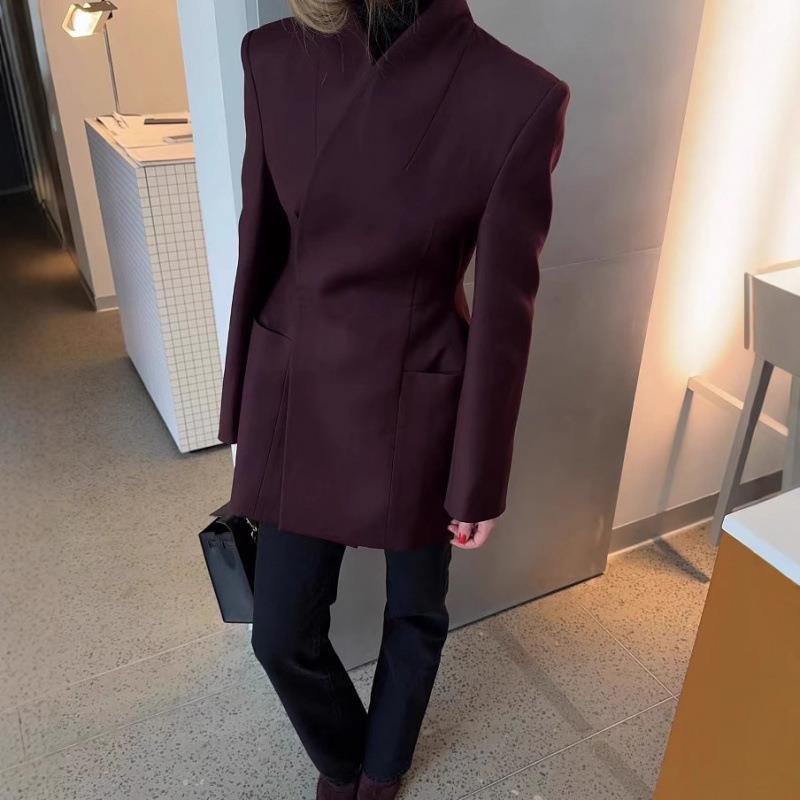Damen asymmetrische Blazerjacke mit eleganter Taillierung und großen Taschen WW
