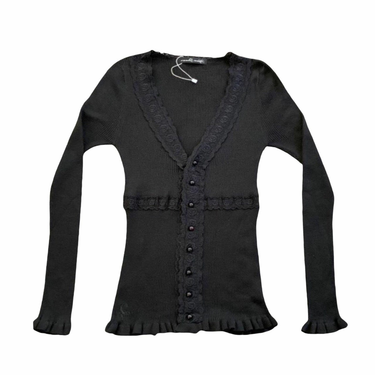 Damen Strickoberteil mit romantischem Spitzenbesatz und Rüschendetails WW