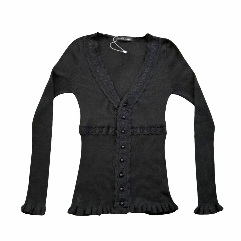 Damen Strickoberteil mit romantischem Spitzenbesatz und Rüschendetails WW
