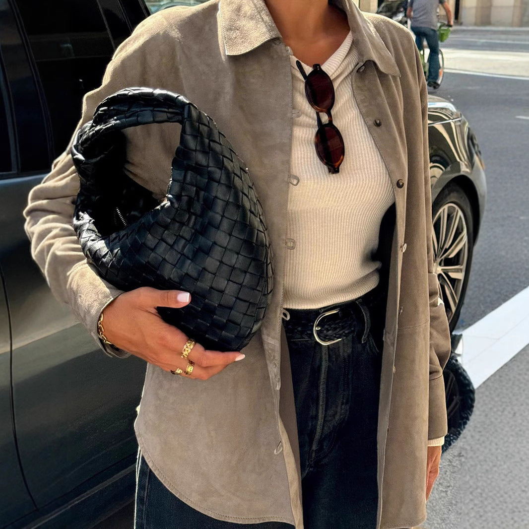 Damen Sanfte Kunstlederjacke mit Knopfverschluss WW