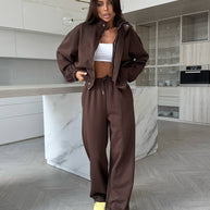 Damen sportlicher Fleece-Zweiteiler mit modernem Stehkragen und elastischem Bund WW